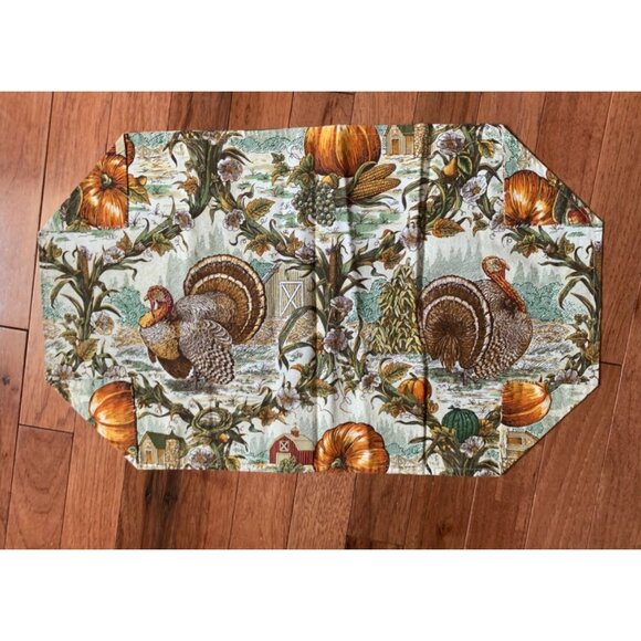 Thanksgiving Harvest Table Runner & Doily Turkeys Pumpkins Green Tassels 42x20 - Picture 7 of 9